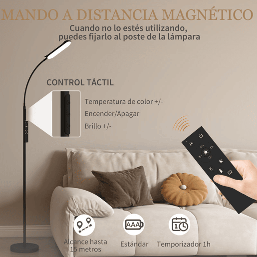 HOMCOM Candeeiro de Pé LED Regulável com Controlo Remoto e Tátil 5 Modos de Iluminação Temporizador de 60 Minutos Memória e Parte Inferior Giratório Flexível Ø22x175 cm Preto HOMCOM Candeeiro de Pé LED Regulável com Controlo Remoto e Tátil 5 Modos de Iluminação Temporizador de 60 Minutos Memória e Parte Inferior Giratório Flexível Ø22x175 cm Preto