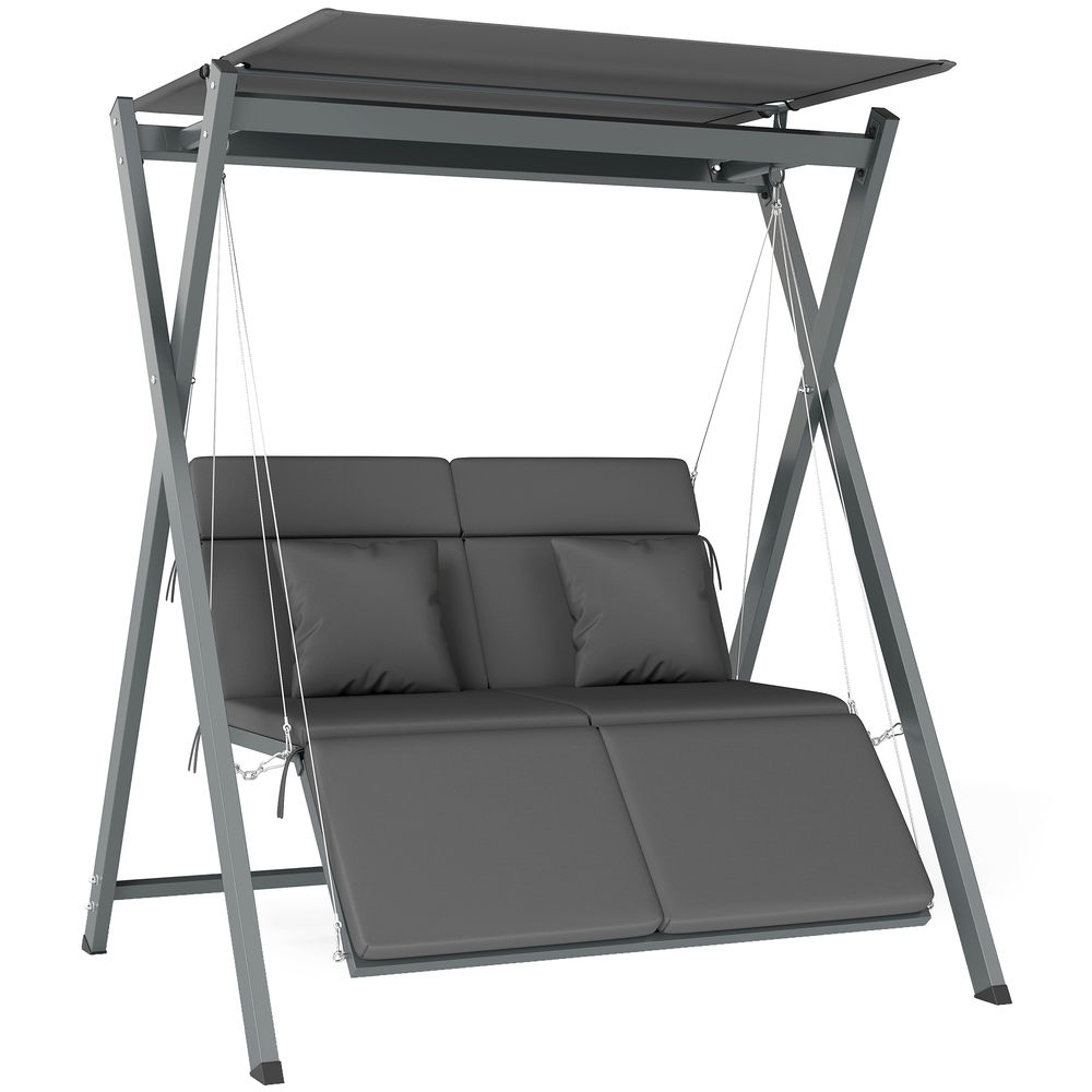 Outsunny columpio de jardín exterior de 2 plazas balancín de jardín exterior convertible en cama con toldo ajustable protección uv30+ y cojines carga 220 kg 142x130x168 cm gris oscuro