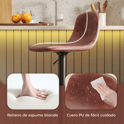 HOMCOM Conjunto de 2 Bancos de Bar Bancos Altos de Cozinha Reguláveis em Altura 84-104 cm com Encosto e Apoio para os Pés Estofadas em PU Giratórias em 360° para Sala de Jantar Varanda Marrom