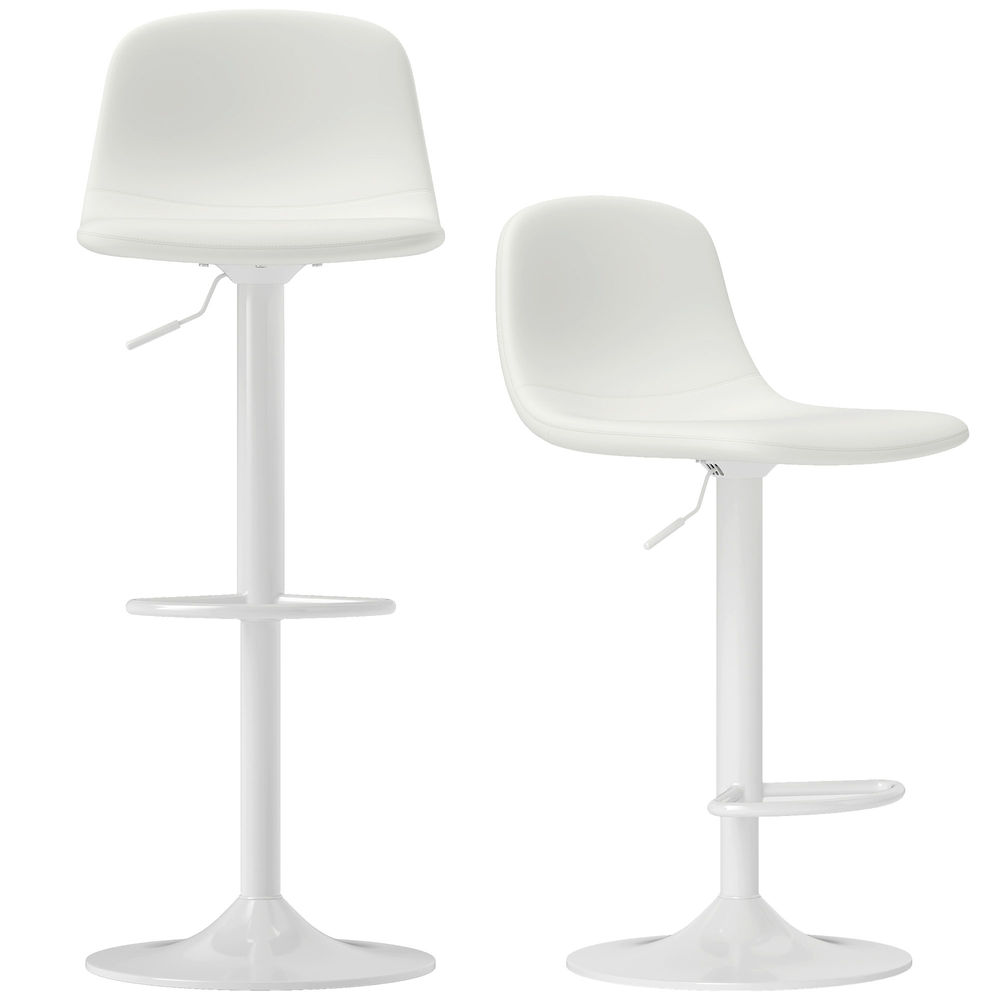 Homcom juego de 2 taburetes de bar taburetes altos de cocina regulable en altura 84-104 cm con respaldo y reposapiés tapizado en pu giratorio en 360° para comedor mostrador blanco