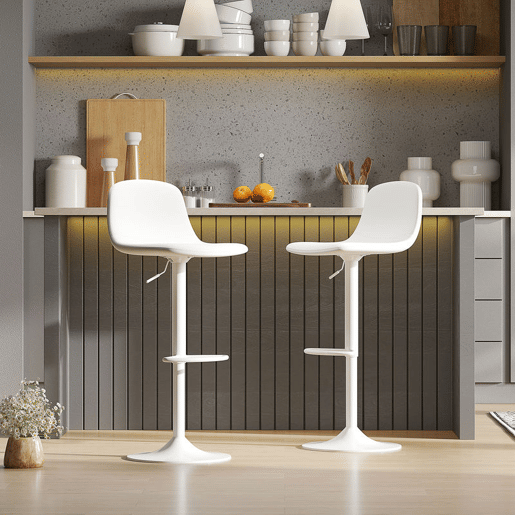 HOMCOM Conjunto de 2 Bancos de Bar Bancos Altos de Cozinha Reguláveis em Altura 84-104 cm com Encosto e Apoio para os Pés Estofadas em PU Giratórias em 360° para Sala de Jantar Varanda Branco