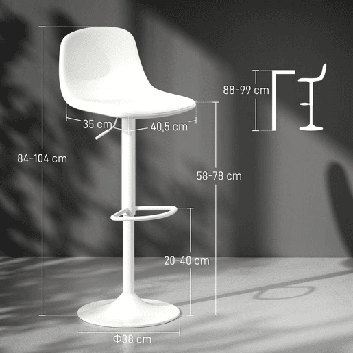 HOMCOM Conjunto de 2 Bancos de Bar Bancos Altos de Cozinha Reguláveis em Altura 84-104 cm com Encosto e Apoio para os Pés Estofadas em PU Giratórias em 360° para Sala de Jantar Varanda Branco
