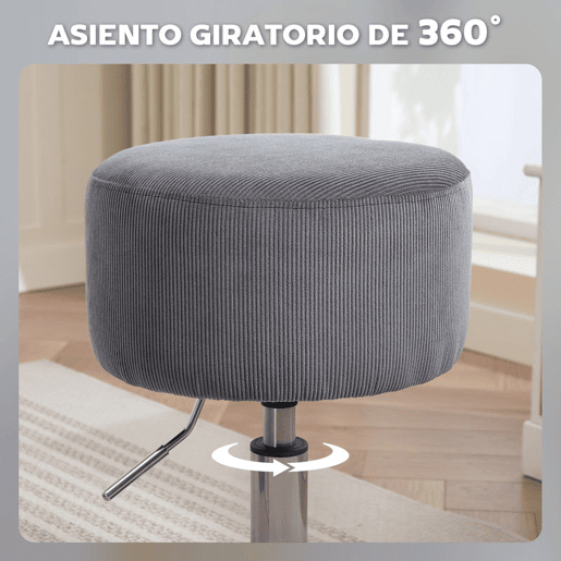 HOMCOM Banco de Bar Giratório Banco Alta de Cozinha Ajustável em Altura 52-66 cm Estofado em Veludo Giratória a 360° para Sala de Jantar Tocador Balcão Cinzento