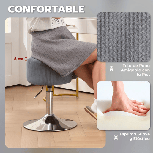 HOMCOM Banco de Bar Giratório Banco Alta de Cozinha Ajustável em Altura 52-66 cm Estofado em Veludo Giratória a 360° para Sala de Jantar Tocador Balcão Cinzento