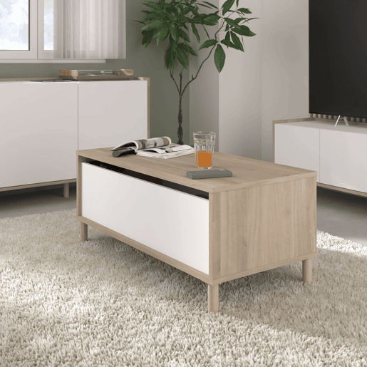 Mesa de centro elevável Azzaro para sala de estar e sala de jantar em carvalho japonês e branco 110x45x60 cm.