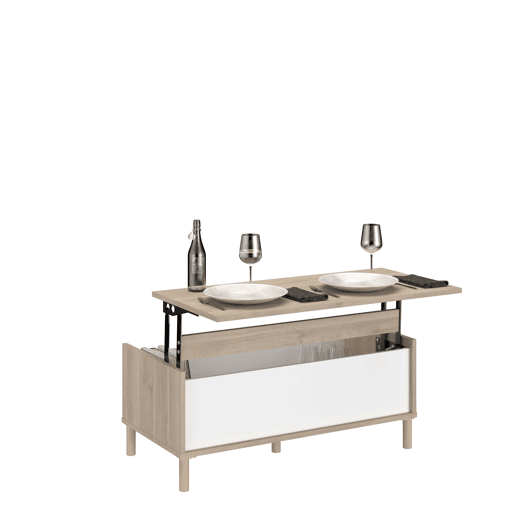 Mesa de centro elevável Azzaro para sala de estar e sala de jantar em carvalho japonês e branco 110x45x60 cm.