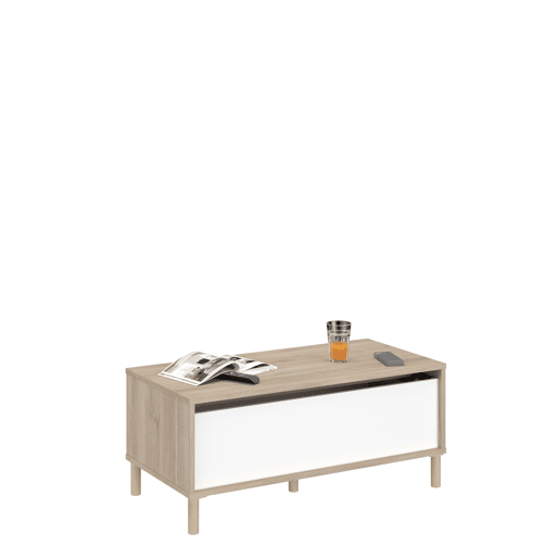 Mesa de centro elevável Azzaro para sala de estar e sala de jantar em carvalho japonês e branco 110x45x60 cm.