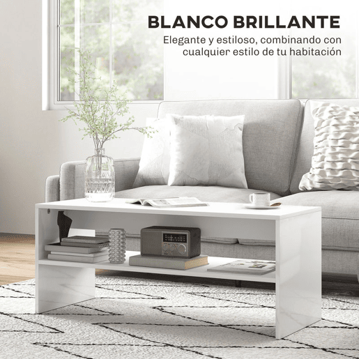 HOMCOM Mesa de Centro Mesa Auxiliar com Compartimento Aberto Mesa de Café para Sala de Estar 100x40x41,5 cm Branco Brilhante
