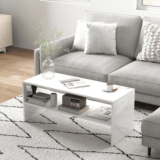 HOMCOM Mesa de Centro Mesa Auxiliar com Compartimento Aberto Mesa de Café para Sala de Estar 100x40x41,5 cm Branco Brilhante