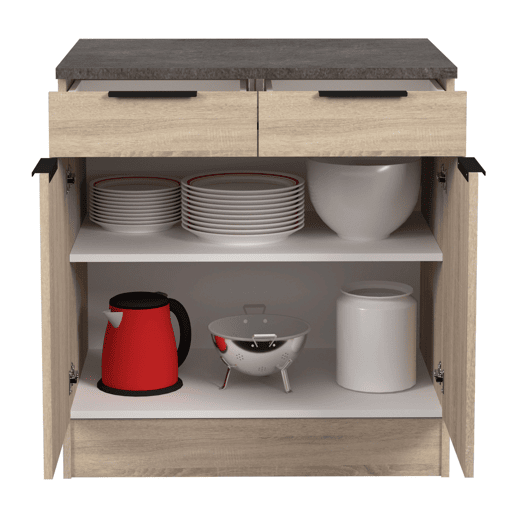 Móvel de cozinha inferior Arko estilo industrial em carvalho bruto e preto com 2 gavetas e 2 portas 80x86x60 cm.
