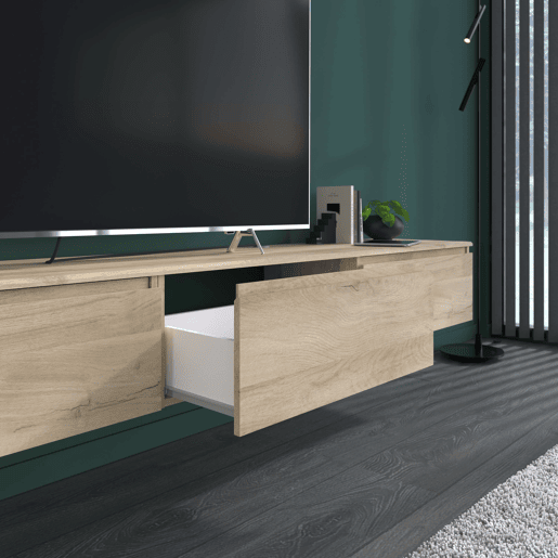 Móvel de TV de parede Erebus de 138 cm em estilo natural em carvalho Kronberg com 2 gavetas