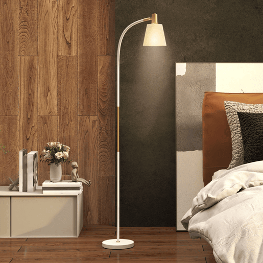 HOMCOM Candeeiro de Pé LED Candeeiro de Pé para Sala de Estar com Altura Ajustável Ecrã Interruptor Basculante para Sala de Estar Escritório Quarto 49x21x127-160 cm Branco e Dourado