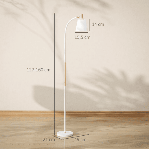 HOMCOM Candeeiro de Pé LED Candeeiro de Pé para Sala de Estar com Altura Ajustável Ecrã Interruptor Basculante para Sala de Estar Escritório Quarto 49x21x127-160 cm Branco e Dourado