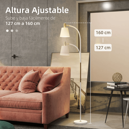HOMCOM Candeeiro de Pé LED Candeeiro de Pé para Sala de Estar com Altura Ajustável Ecrã Interruptor Basculante para Sala de Estar Escritório Quarto 49x21x127-160 cm Branco e Dourado