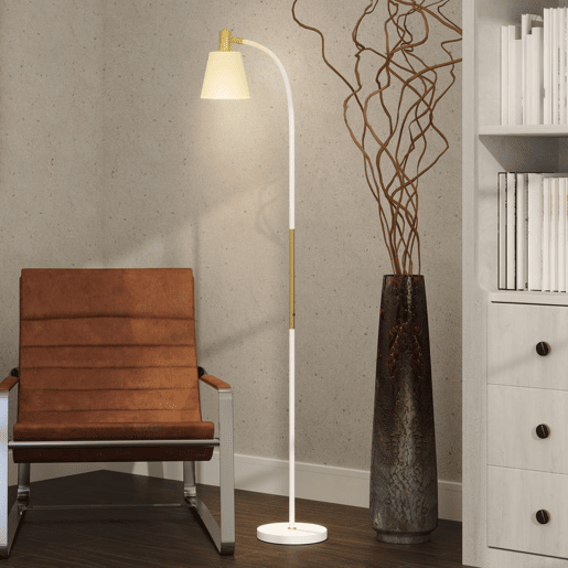 HOMCOM Candeeiro de Pé LED Candeeiro de Pé para Sala de Estar com Altura Ajustável Ecrã Interruptor Basculante para Sala de Estar Escritório Quarto 49x21x127-160 cm Branco e Dourado
