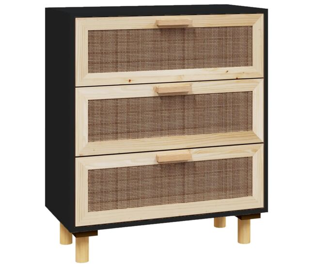 Vidaxl aparador negro madera pino maciza y ratán natural 60x30x70 cm