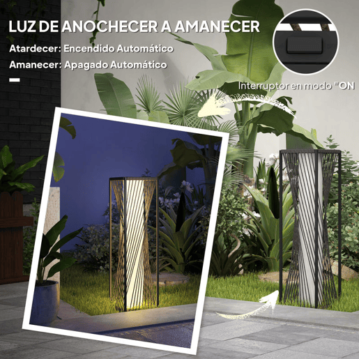 Outsunny Candeeiro de Jardim em Vime Sintético Candeeiro Solar com Luzes LED Ligação e Desligação Automática Impermeável para Exterior Varanda Pátio 22x22x77 cm Cinzento