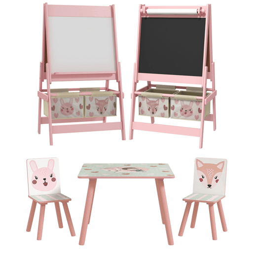 ZONEKIZ Conjunto para Crianças Inclui 1 Mesa com 2 Cadeiras Infantis e 1 Cavalete 3 em 1 com Cestos de Armazenamento Desenho de Animais para Dormitório Sala de Jogos Rosa
