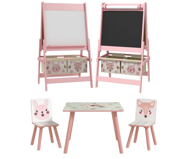 Zonekiz conjunto para niños incluye 1 mesa con 2 sillas infantiles y 1 caballete 3 en 1 con cestos de almacenamiento diseño de animales para