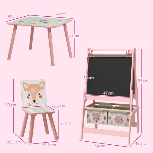 ZONEKIZ Conjunto para Crianças Inclui 1 Mesa com 2 Cadeiras Infantis e 1 Cavalete 3 em 1 com Cestos de Armazenamento Desenho de Animais para Dormitório Sala de Jogos Rosa