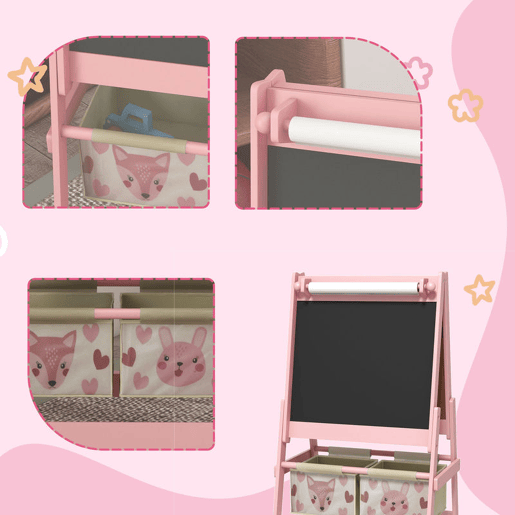 ZONEKIZ Conjunto para Crianças Inclui 1 Mesa com 2 Cadeiras Infantis e 1 Cavalete 3 em 1 com Cestos de Armazenamento Desenho de Animais para Dormitório Sala de Jogos Rosa