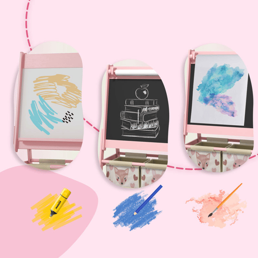 ZONEKIZ Conjunto para Crianças Inclui 1 Mesa com 2 Cadeiras Infantis e 1 Cavalete 3 em 1 com Cestos de Armazenamento Desenho de Animais para Dormitório Sala de Jogos Rosa