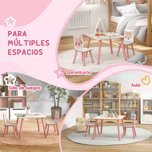 ZONEKIZ Conjunto para Crianças Inclui 1 Mesa com 2 Cadeiras Infantis e 1 Cavalete 3 em 1 com Cestos de Armazenamento Desenho de Animais para Dormitório Sala de Jogos Rosa