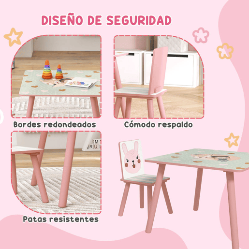 ZONEKIZ Conjunto para Crianças Inclui 1 Mesa com 2 Cadeiras Infantis e 1 Cavalete 3 em 1 com Cestos de Armazenamento Desenho de Animais para Dormitório Sala de Jogos Rosa
