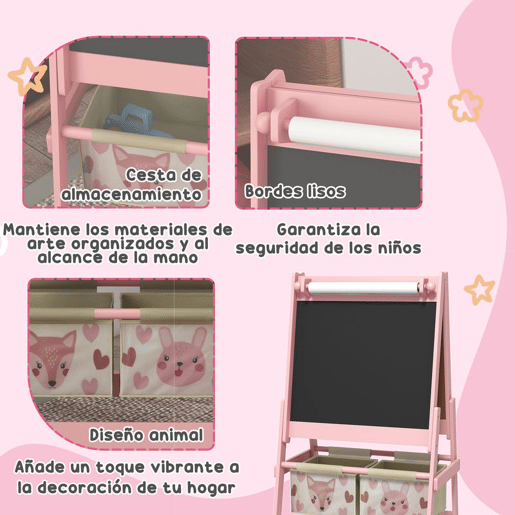 ZONEKIZ Conjunto para Crianças Inclui 1 Mesa com 2 Cadeiras Infantis e 1 Cavalete 3 em 1 com Cestos de Armazenamento Desenho de Animais para Dormitório Sala de Jogos Rosa