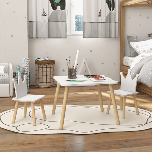 AIYAPLAY Mesa e Cadeiras Infantis de 3 Peças Mesa Infantil com 2 Cadeiras com Encosto em Forma de Coroa para Crianças de 3-6 Anos para Sala de Jogos Dormitório Escola Infantil Branco