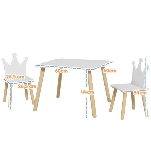 AIYAPLAY Mesa e Cadeiras Infantis de 3 Peças Mesa Infantil com 2 Cadeiras com Encosto em Forma de Coroa para Crianças de 3-6 Anos para Sala de Jogos Dormitório Escola Infantil Branco