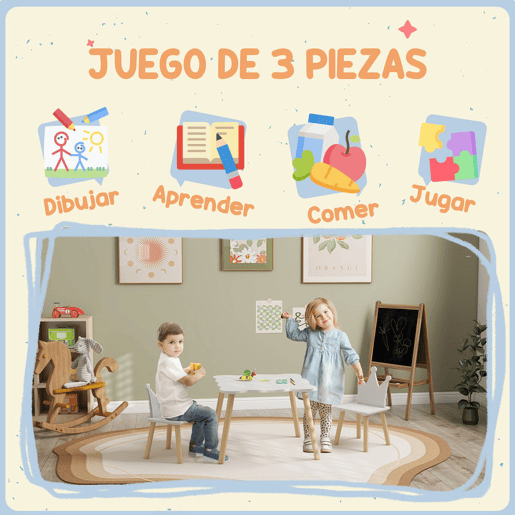 AIYAPLAY Mesa e Cadeiras Infantis de 3 Peças Mesa Infantil com 2 Cadeiras com Encosto em Forma de Coroa para Crianças de 3-6 Anos para Sala de Jogos Dormitório Escola Infantil Branco
