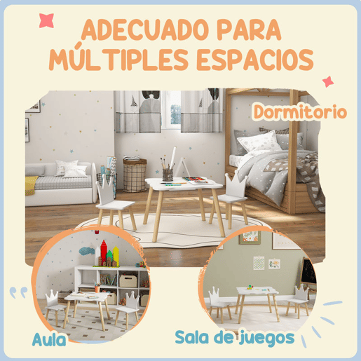 AIYAPLAY Mesa e Cadeiras Infantis de 3 Peças Mesa Infantil com 2 Cadeiras com Encosto em Forma de Coroa para Crianças de 3-6 Anos para Sala de Jogos Dormitório Escola Infantil Branco