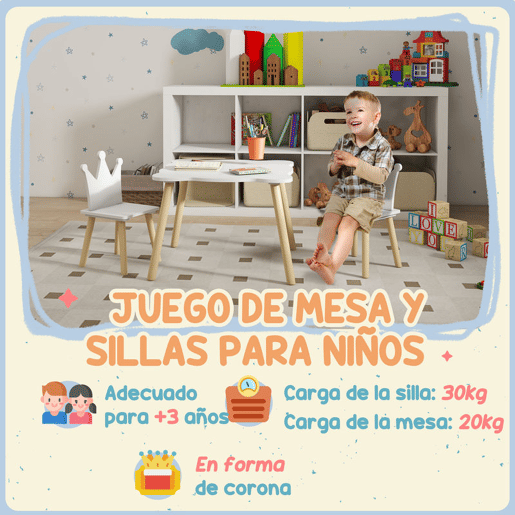 AIYAPLAY Mesa e Cadeiras Infantis de 3 Peças Mesa Infantil com 2 Cadeiras com Encosto em Forma de Coroa para Crianças de 3-6 Anos para Sala de Jogos Dormitório Escola Infantil Branco