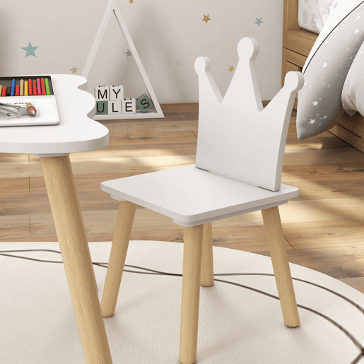 AIYAPLAY Mesa e Cadeiras Infantis de 3 Peças Mesa Infantil com 2 Cadeiras com Encosto em Forma de Coroa para Crianças de 3-6 Anos para Sala de Jogos Dormitório Escola Infantil Branco