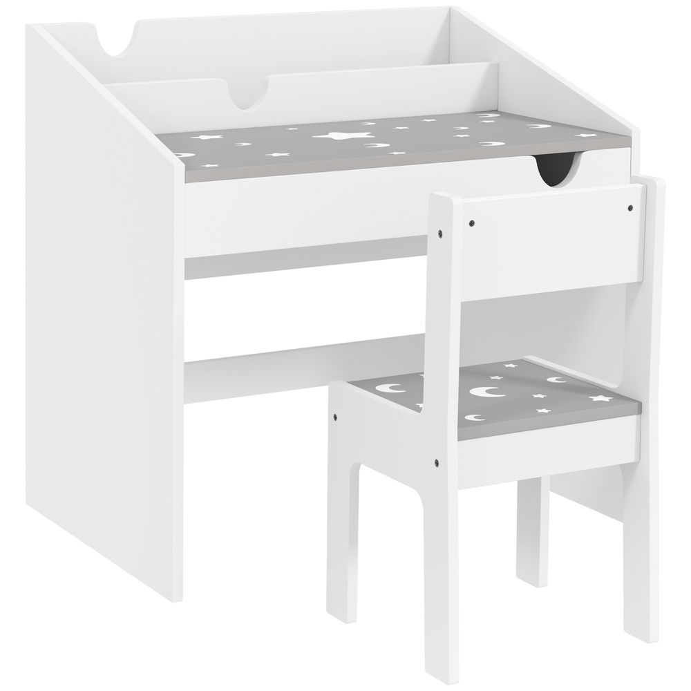 Aiyaplay juego de escritorio y silla para niños de +3 años pupitre infantil con cajón extraíble y compartimento para dormitorio sala estudio gris y blanco