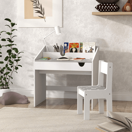 AIYAPLAY Conjunto de Secretária e Cadeira para Crianças acima de 3 Anos Secretária Infantil com Gaveta Amovível e Compartimento para Dormitório Sala de Jogos Cinza e Branco