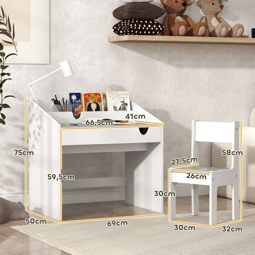 AIYAPLAY Conjunto de Secretária e Cadeira para Crianças acima de 3 Anos Secretária Infantil com Gaveta Amovível e Compartimento para Dormitório Sala de Jogos Cinza e Branco