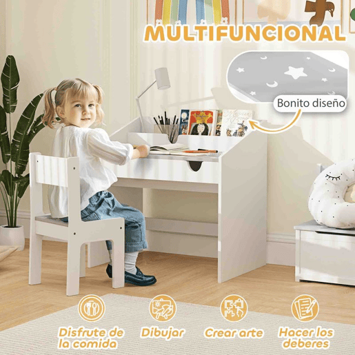 AIYAPLAY Conjunto de Secretária e Cadeira para Crianças acima de 3 Anos Secretária Infantil com Gaveta Amovível e Compartimento para Dormitório Sala de Jogos Cinza e Branco