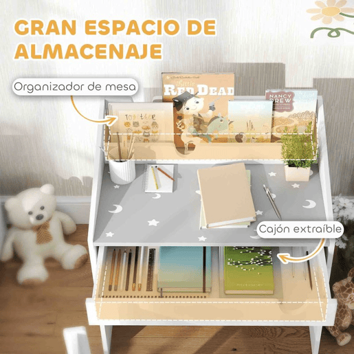 AIYAPLAY Conjunto de Secretária e Cadeira para Crianças acima de 3 Anos Secretária Infantil com Gaveta Amovível e Compartimento para Dormitório Sala de Jogos Cinza e Branco