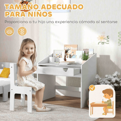 AIYAPLAY Conjunto de Secretária e Cadeira para Crianças acima de 3 Anos Secretária Infantil com Gaveta Amovível e Compartimento para Dormitório Sala de Jogos Cinza e Branco