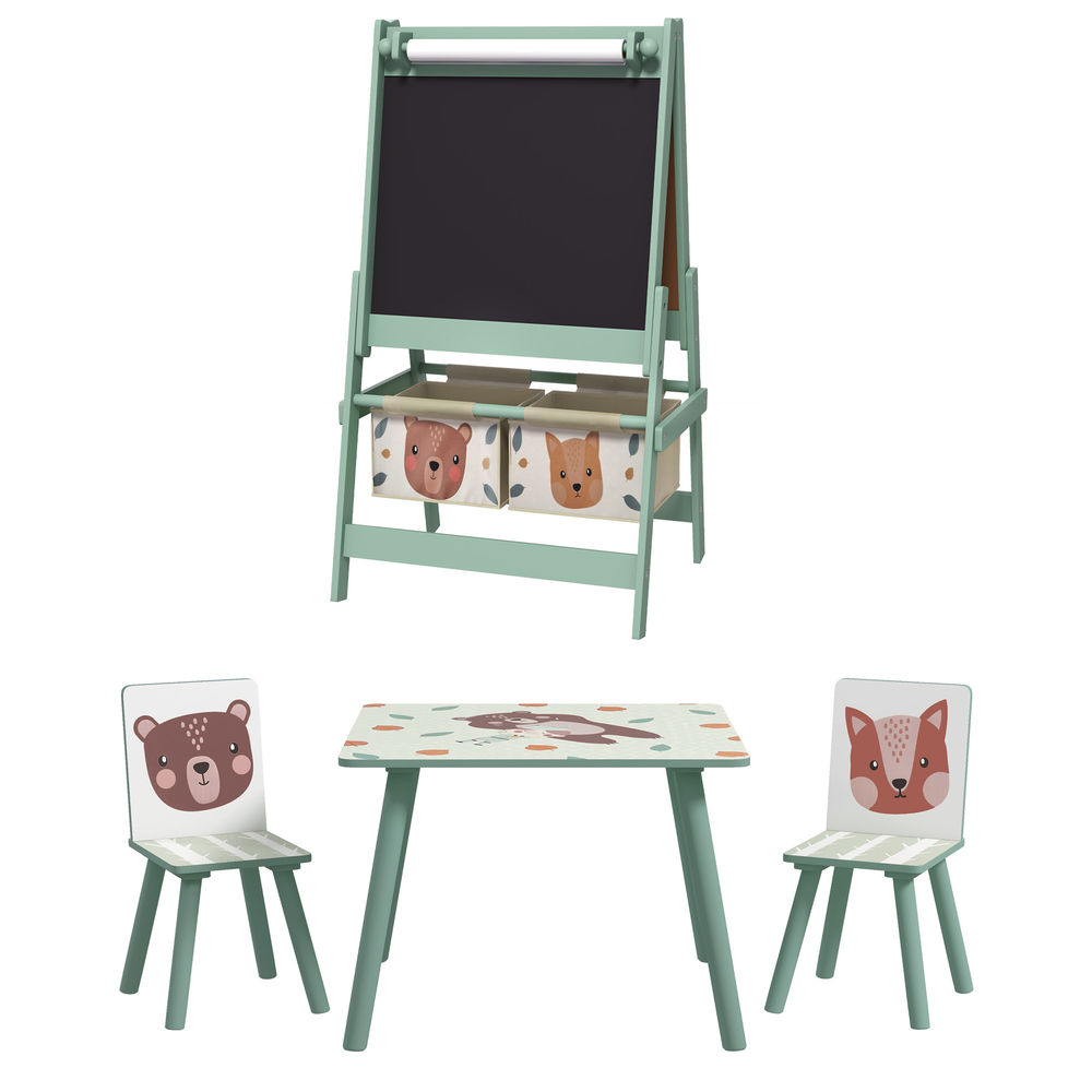 Zonekiz conjunto para niños incluye 1 mesa con 2 sillas infantiles y 1 caballete 3 en 1 con cestos de almacenamiento diseño de animales para dormitorio sala de juegos verde
