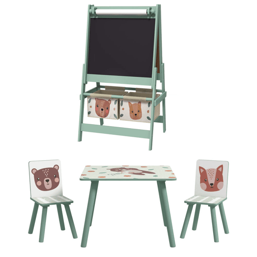 ZONEKIZ Conjunto para Crianças Inclui 1 Mesa com 2 Cadeiras Infantis e 1 Cavalete 3 em 1 com Cestos de Armazenamento Desenho de Animais para Dormitório Sala de Jogos Verde ZONEKIZ Conjunto para Crianças Inclui 1 Mesa com 2 Cadeiras Infantis e 1 Cavalete 3 em 1 com Cestos de Armazenamento Desenho de Animais para Dormitório Sala de Jogos Verde