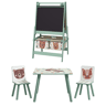 ZONEKIZ Conjunto para Crianças Inclui 1 Mesa com 2 Cadeiras Infantis e 1 Cavalete 3 em 1 com Cestos de Armazenamento Desenho de Animais para Dormitório Sala de Jogos Verde