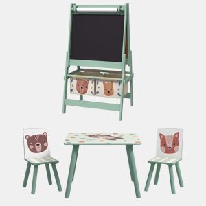 ZONEKIZ Conjunto para Crianças Inclui 1 Mesa com 2 Cadeiras Infantis e 1 Cavalete 3 em 1 com Cestos de Armazenamento Desenho de Animais para Dormitório Sala de Jogos Verde