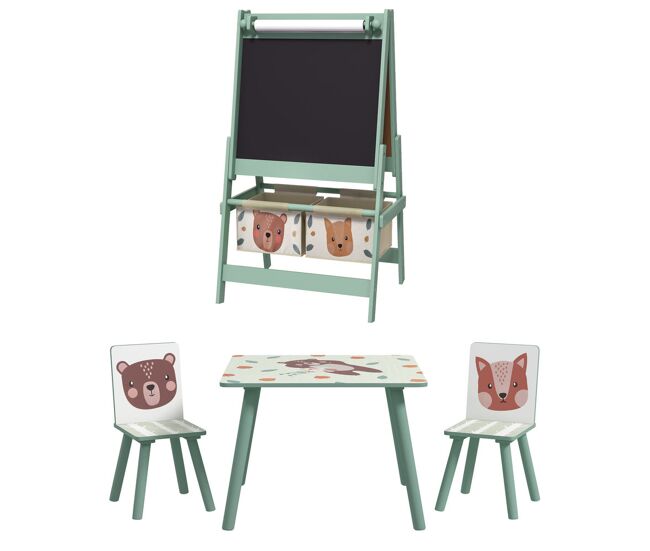 Zonekiz conjunto para niños incluye 1 mesa con 2 sillas infantiles y 1 caballete 3 en 1 con cestos de almacenamiento diseño de animales para dormitorio sala de juegos verde