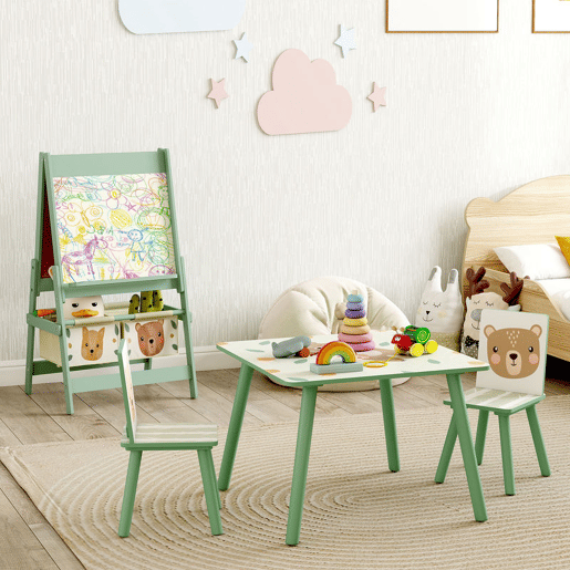ZONEKIZ Conjunto para Crianças Inclui 1 Mesa com 2 Cadeiras Infantis e 1 Cavalete 3 em 1 com Cestos de Armazenamento Desenho de Animais para Dormitório Sala de Jogos Verde ZONEKIZ Conjunto para Crianças Inclui 1 Mesa com 2 Cadeiras Infantis e 1 Cavalete 3 em 1 com Cestos de Armazenamento Desenho de Animais para Dormitório Sala de Jogos Verde