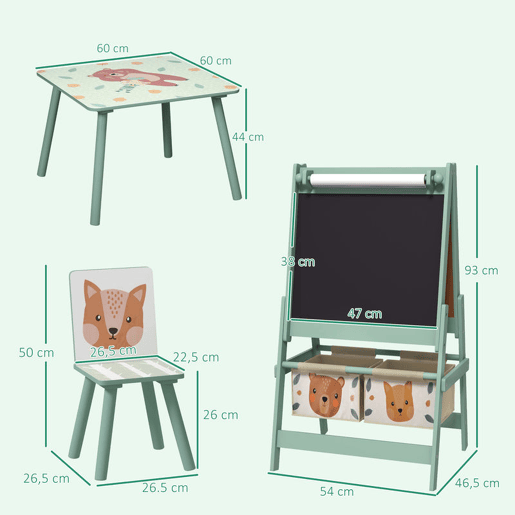 ZONEKIZ Conjunto para Crianças Inclui 1 Mesa com 2 Cadeiras Infantis e 1 Cavalete 3 em 1 com Cestos de Armazenamento Desenho de Animais para Dormitório Sala de Jogos Verde ZONEKIZ Conjunto para Crianças Inclui 1 Mesa com 2 Cadeiras Infantis e 1 Cavalete 3 em 1 com Cestos de Armazenamento Desenho de Animais para Dormitório Sala de Jogos Verde
