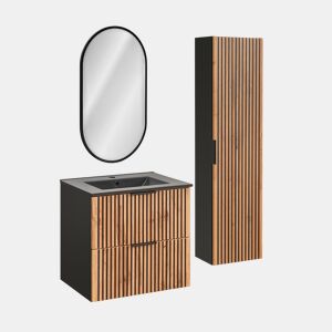Conjunto móvel lavatório simples encastrado 60cm espelho LED e coluna Gaia Madeira e Preto lavatório Preto