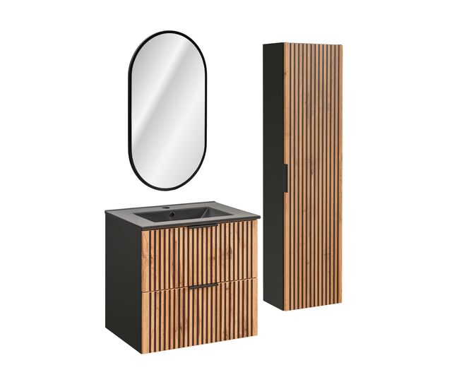 Conjunto mueble lavabo individual encastrado 60cm espejo led y columna gaia madera y negro - lavabo negro